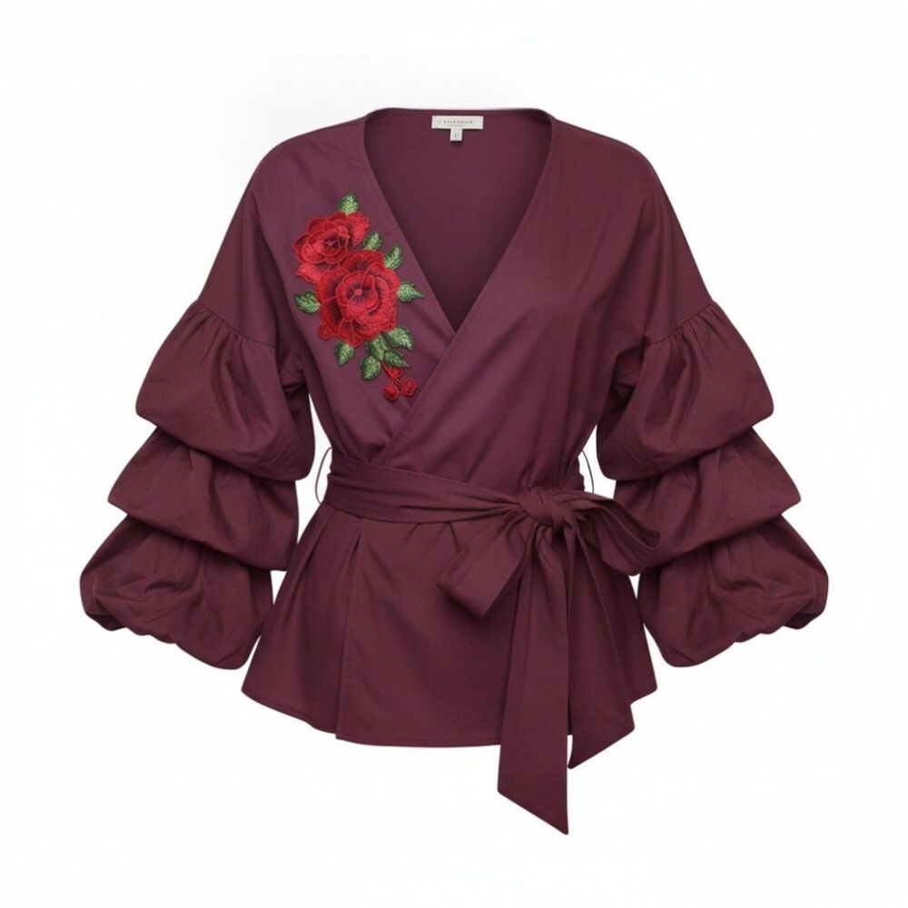 NWT Iris Burgundy Cotton Wrap Blouse Red Rose Floral Applique Plus 2XL 2X